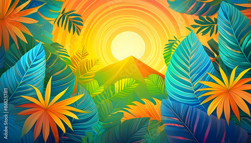  Colourful abstract summer background design. With bright sun and tropical leaves_1(112)