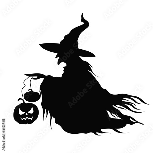 Silhouette of an old witch in rags with pumpkins. Halloween. Holiday decor. Black and white evil witch. Fairytale character.
