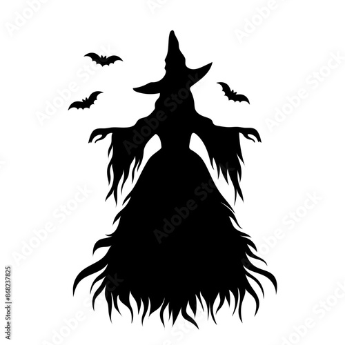 Black and white silhouette of an old witch with bats.  Halloween. Holiday decor. Black and white evil witch. Fairytale character.