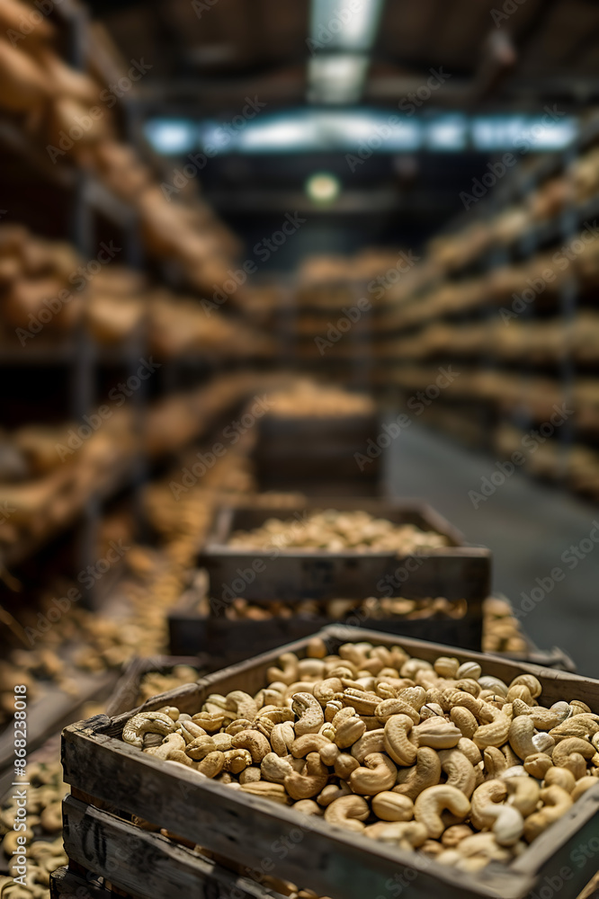 Cashew nuts harvested in wooden boxes in a warehouse. Natural organic fruit abundance. Healthy and natural food storing and shipping concept. Cashew nuts harvested in wooden boxes in a warehouse. Natural organic fruit abundance. Healthy and natural food storing and shipping concept.