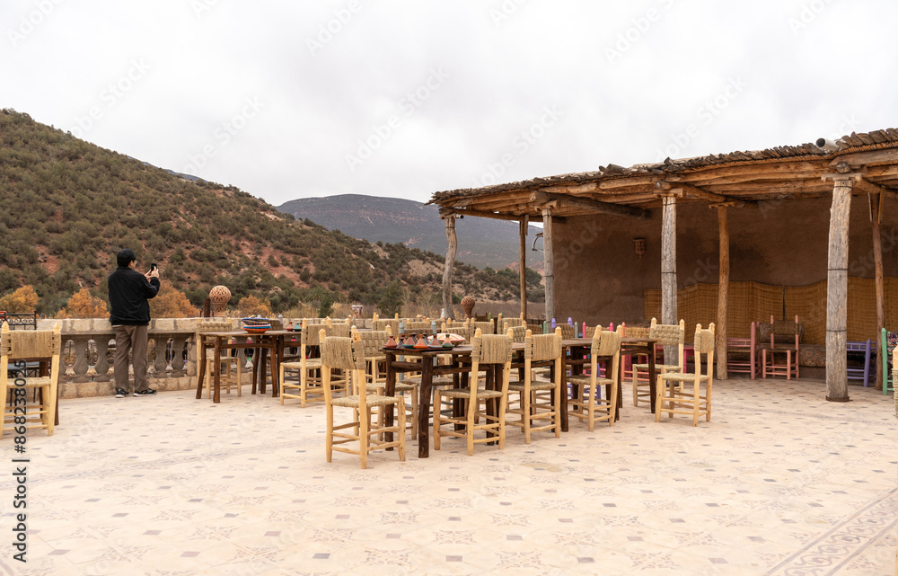 Marrakech Restaurant Table, Empty Moroccan Cafe Tables, Authentic Exotic Bistro Seat, Bar Terrace