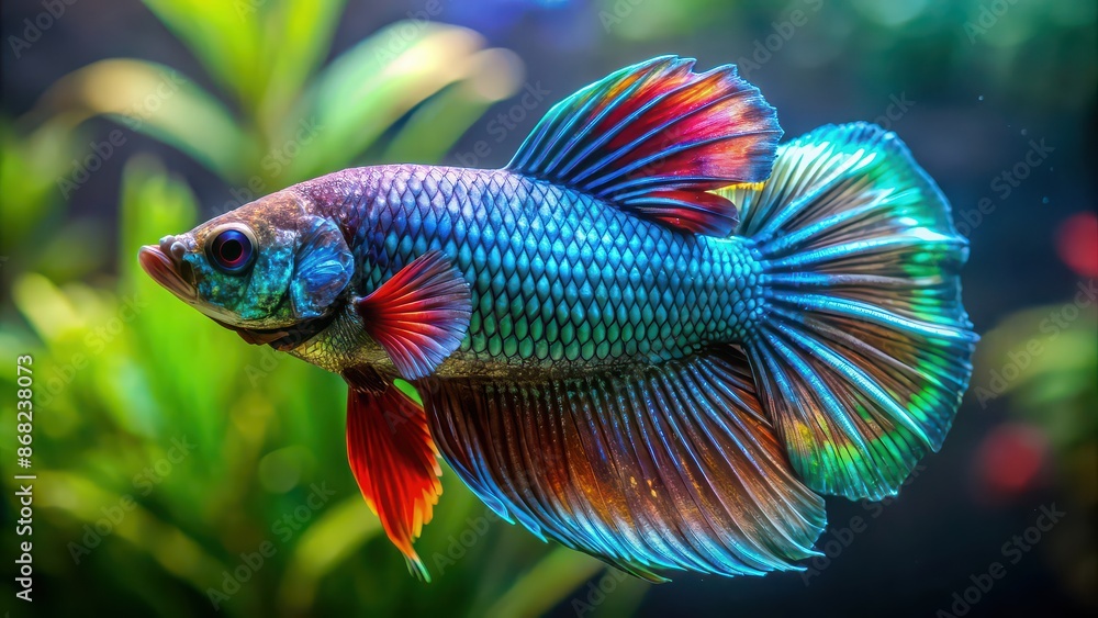 Exotic betta fish with multicolored blue-green scales swimming in aquarium , Betta, fish, exotic, multicolored Exotic betta fish with multicolored blue-green scales swimming in aquarium , Betta, fish, exotic, multicolored
