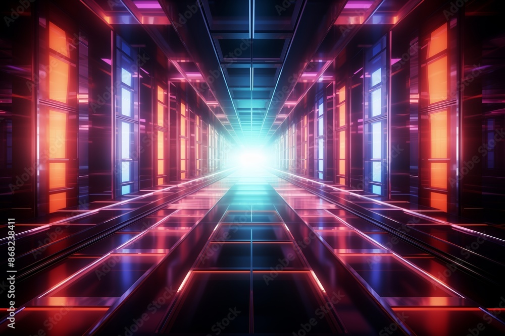 Fototapeta premium 3d render. Geometric figure in neon light against a dark tunnel. Laser glow. 