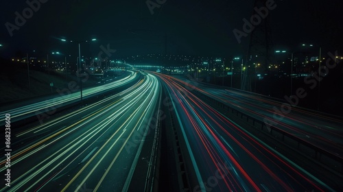 Cars and trucks illuminating the highway at night, creating streaks of light and motion blur. Capturing the essence of transportation and logistics through a mesmerizing timelapse, showcasing abstract © Ahmed