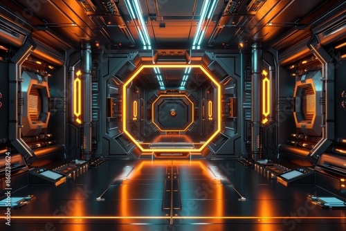 Fototapeta Naklejka Na Ścianę i Meble -  Futuristic Sci-Fi spaceship interior corridor with glowing neon lights. Concept of technology, space travel, and the future.