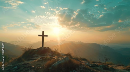 Silhouette of a Christian Cross on a Hill Outdoors at Sunset - Crucifixion At Sunset photo
