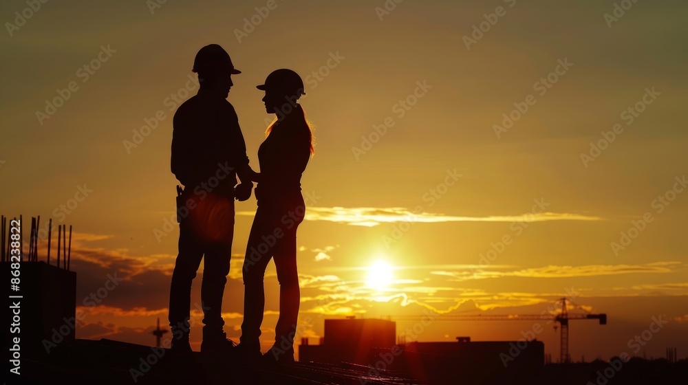 Fototapeta premium Silhouette of Engineer and Worker on Building Site During Sunset