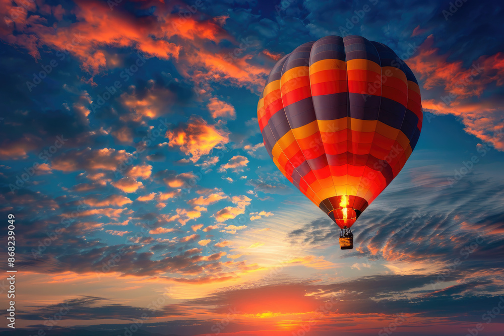 Obraz premium Hot air balloon ascending at dawn carrying passengers on uplifting journey above horizon