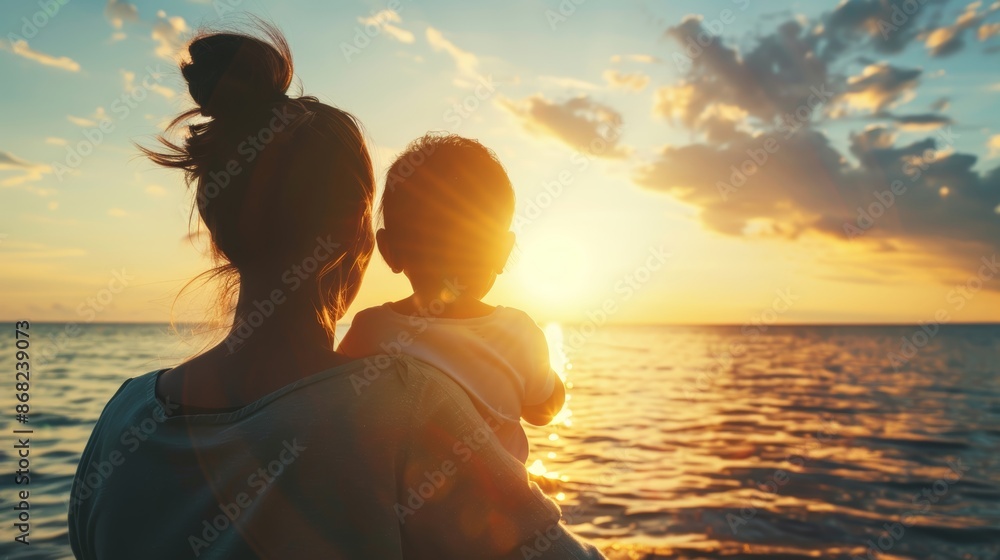 Silhouette of Mother and Child Looking at Seascape at Sunset, Family Summer Vacation Concept - Warm rays of sunlight illuminate the scene. Silhouette of Mother and Child Looking at Seascape at Sunset, Family Summer Vacation Concept - Warm rays of sunlight illuminate the scene.