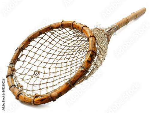 A vintage wooden fishing net with a long handle, white background photo