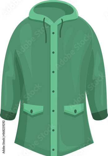 Green raincoat protecting from cold and rain, waterproof clothing for outdoor activities, isolated illustration