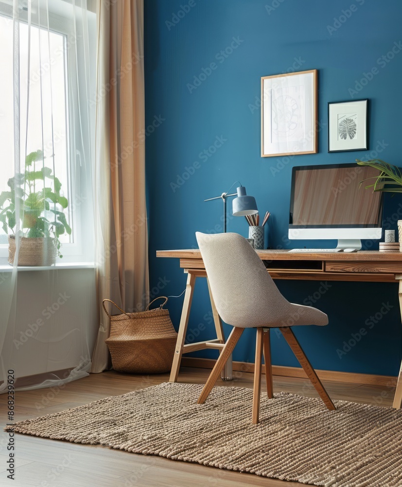 Clean lines and a blue wall in a minimalist home office Clean lines and a blue wall in a minimalist home office