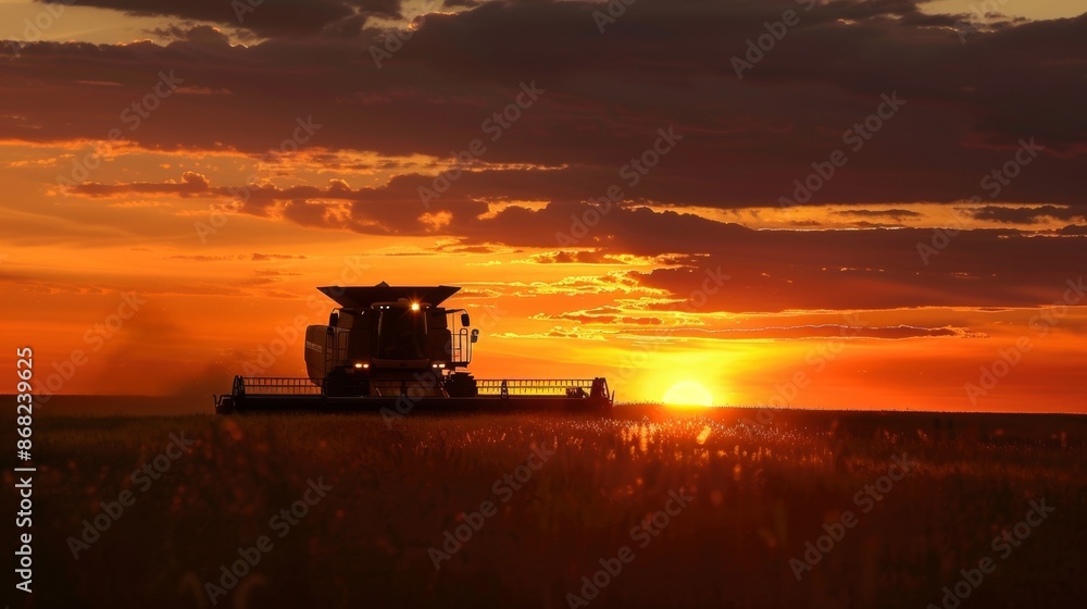 Fototapeta premium Silhouette Of Working Combine At Sunset. Saskatchewan