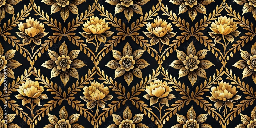 Seamless pattern of flowers in black and gold color with ikkat watercolor motifs, seamless, pattern, flowers, black, gold, ikkat Seamless pattern of flowers in black and gold color with ikkat watercolor motifs, seamless, pattern, flowers, black, gold, ikkat