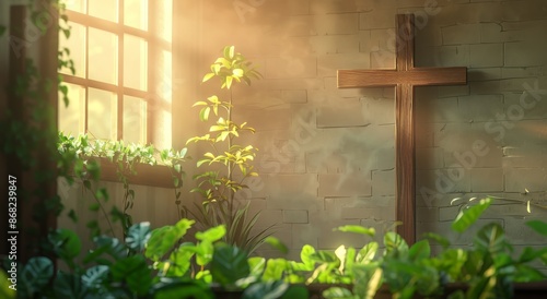 Wooden Cross Against Brick Wall With Sunlight Streaming Through Window
