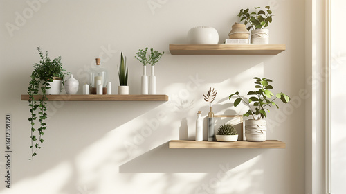 A minimalist design wall featuring sleek shelves holding curated decor.