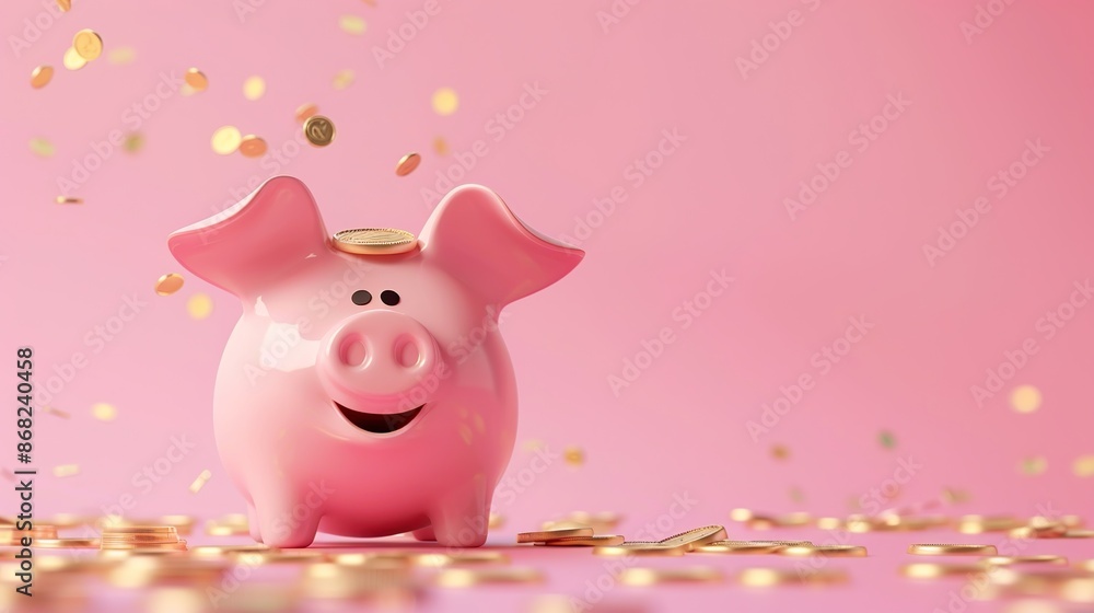 Piggy bank in the shape of a happy smiling pink pig with a stack of coins Piggy bank in the shape of a happy smiling pink pig with a stack of coins