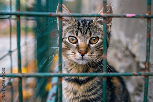 Stray homeless cat in an animal shelter enclosure, peering through the bars with hopeful eyes, seeking a loving home and second chance