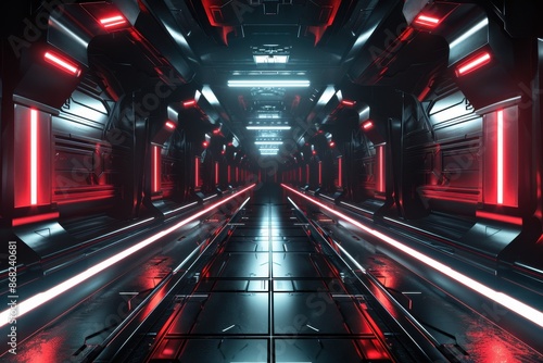 Futuristic Sci-Fi spaceship corridor with glowing neon lights. Concept of technology, space travel, and the future.