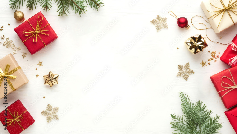 Festive Christmas card with a background of beautifully wrapped gifts and fluffy pine branches Festive Christmas card with a background of beautifully wrapped gifts and fluffy pine branches