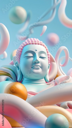 A captivating portrait in 8K resolution featuring a modern interpretation of a Buddha statue. The minimalist design features smooth, clean lines and a serene expression, rendered in a realistic photo