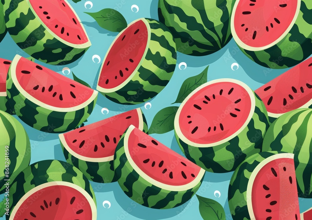 National Watermelon Day banner with watermelons, flat vector illustration design for summer holiday vacation poster or card template isolated on blue background. summer fruit festival poster National Watermelon Day banner with watermelons, flat vector illustration design for summer holiday vacation poster or card template isolated on blue background. summer fruit festival poster