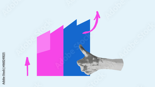 Halftone Collage business paper vintage cut paper. Carelessly pasted objects. Growth on chart hand thumbs up. Design banner poster advertising materials. Vector illustration.