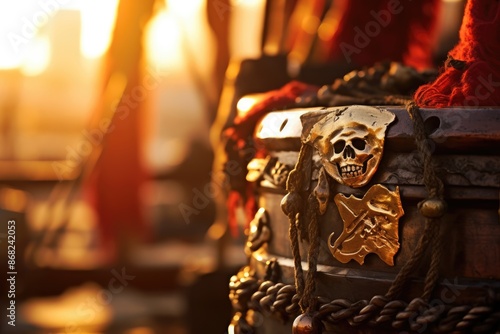 Pirate flag draped over a treasure chest on a pirate ship deck with sunset bokeh.