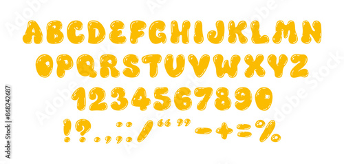 Bubble gum playful yellow font and numbers from 0 to 9. Graffiti. Psychedelic alphabet. Y2K trendy style. 3D, bubble gum, balloon. Plump digits and letters, punctuation marks. Childish game, milestone
