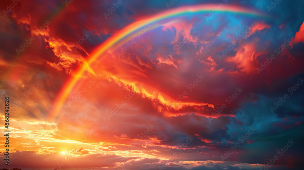 a bright, colorful rainbow piercing through dark, heavy clouds during a sunset a bright, colorful rainbow piercing through dark, heavy clouds during a sunset