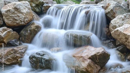 A waterfall flowing over a series of smooth, rounded rocks, creating a gentle, soothing cascade