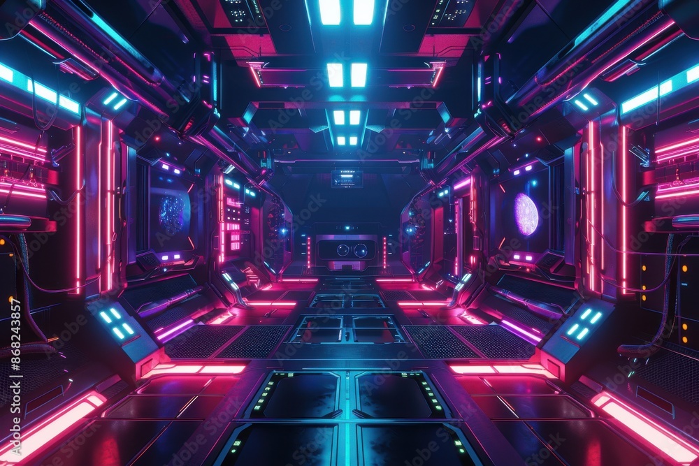 Futuristic spaceship interior with glowing neon lights, empty corridor in a cyberpunk spacecraft, digital illustration. Concept of science fiction, space exploration, gaming background Futuristic spaceship interior with glowing neon lights, empty corridor in a cyberpunk spacecraft, digital illustration. Concept of science fiction, space exploration, gaming background