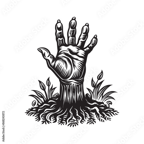 Spooky hand showing up from the ground vector illustration