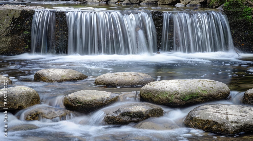 Fototapeta premium A waterfall flowing over a series of smooth, rounded rocks, creating a gentle, soothing cascade