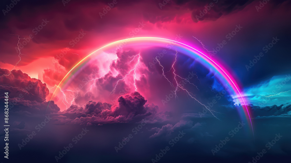 a neon rainbow emerging from dark, stormy clouds, dramatic lighting illuminating the clouds and rainbow a neon rainbow emerging from dark, stormy clouds, dramatic lighting illuminating the clouds and rainbow