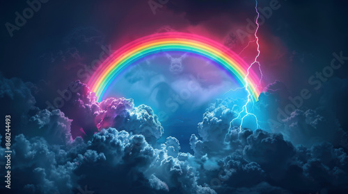 a neon rainbow emerging from dark, stormy clouds, dramatic lighting illuminating the clouds and rainbow © otter2