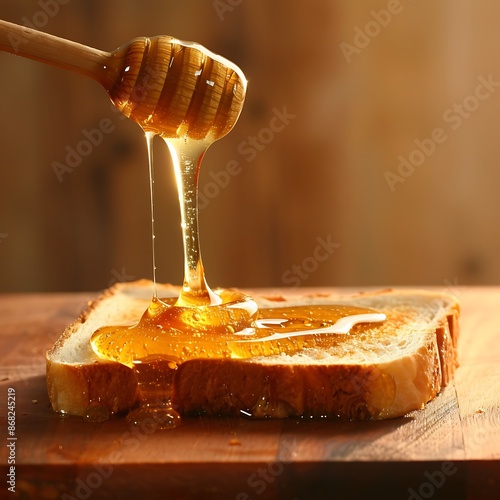 a thick stream of organic honey cascading onto a slice of toast