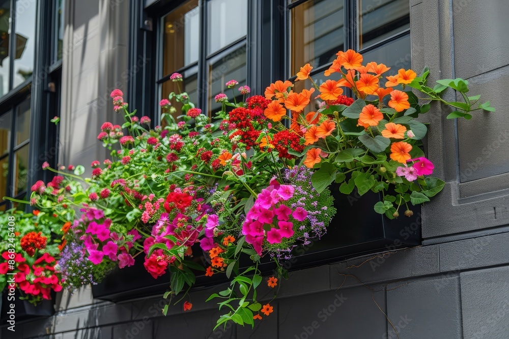Close-up of vibrant, blooming flowers in window planter boxes adorning a city building. These flower-filled window boxes showcase an urban gardening approach, enhancing the building's facade Close-up of vibrant, blooming flowers in window planter boxes adorning a city building. These flower-filled window boxes showcase an urban gardening approach, enhancing the building's facade