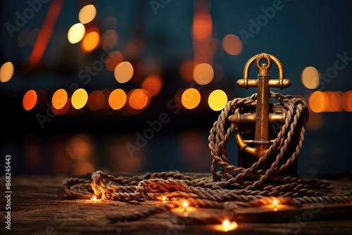 Pirate ship anchor and rope with treasure chest and city lights bokeh.