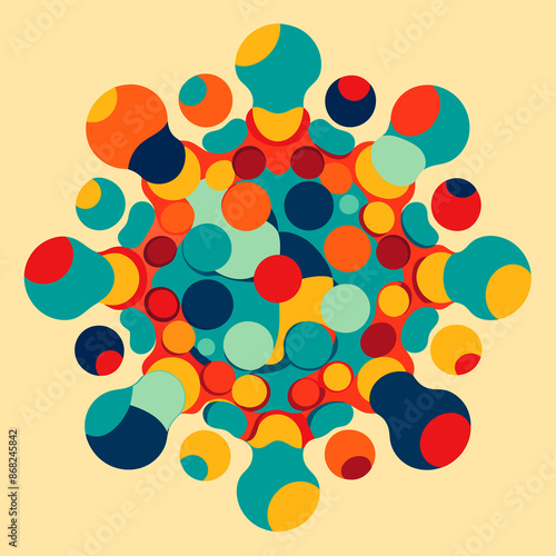 Abstract colorful pattern of multi-colored circles on a pastel yellow background.