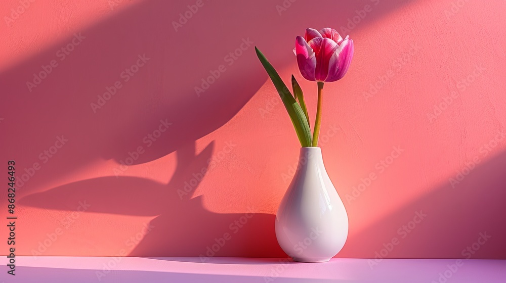 A White Vase with a Single Tulip in It on a Pink Wall - Generative AI A White Vase with a Single Tulip in It on a Pink Wall - Generative AI