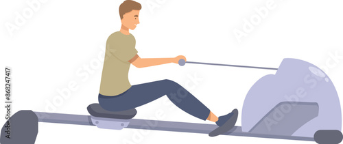Young man is working out on a rowing machine, pulling the handles and engaging his muscles