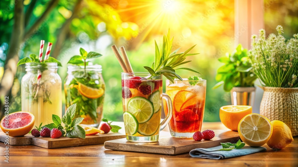 Fototapeta premium Vibrant summer arrangement featuring refreshing drinks and lush greenery on a tidy, modern desk against a bright, sunny background.