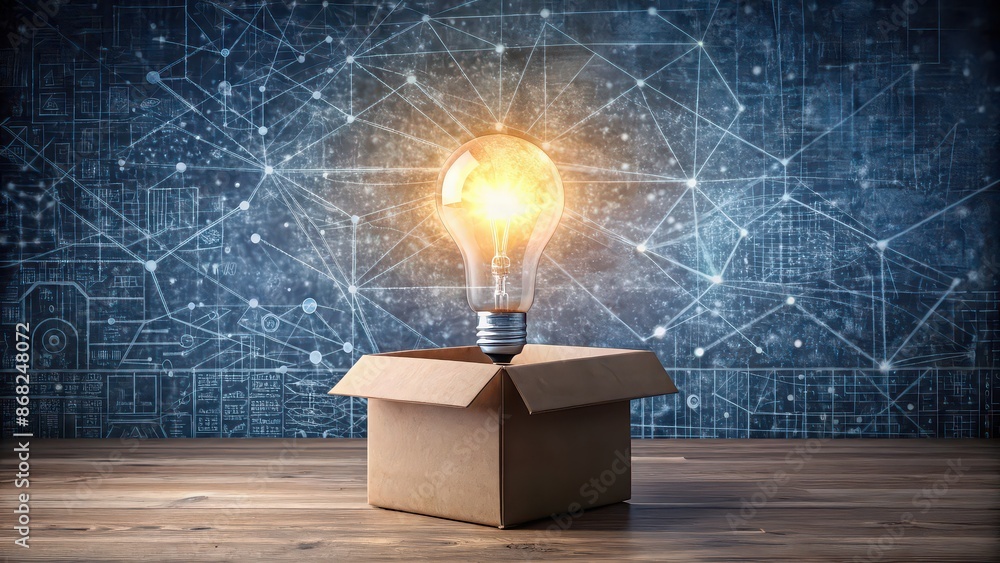 A floating light bulb coming out of a box in front of a math picture, innovation, creativity, idea A floating light bulb coming out of a box in front of a math picture, innovation, creativity, idea