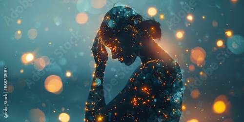 Representation of fibromyalgia: A person experiencing widespread pain and fatigue, depicted as glowing points, raising awareness about chronic pain, fibromyalgia symptoms, and invisible illnesses