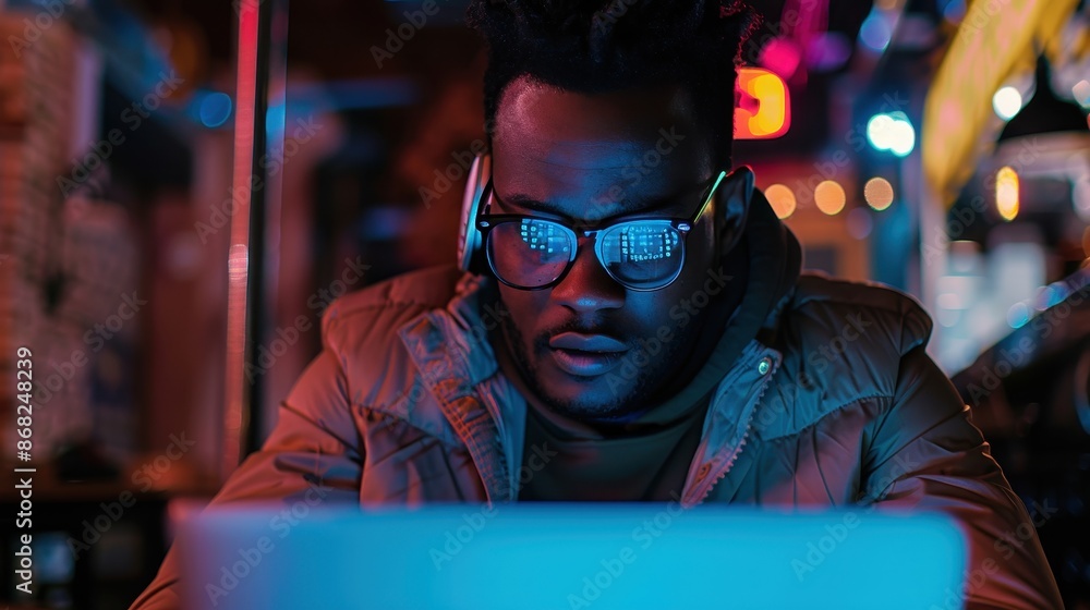 Fototapeta premium Man using a laptop at night