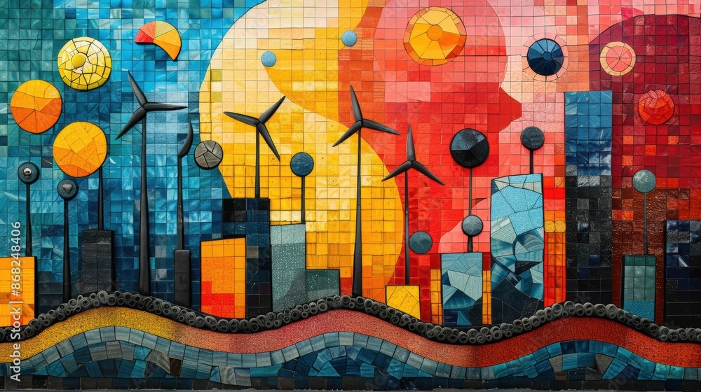 A vibrant mosaic of abstract shapes and patterns representing renewable energy sources: wind turbines, solar panels, and hydropower. A vibrant mosaic of abstract shapes and patterns representing renewable energy sources: wind turbines, solar panels, and hydropower.