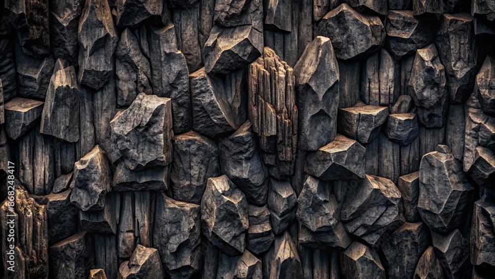 Dark, mysterious charcoal and black abstract pattern featuring ancient rock formations, ideal for backgrounds and wallpapers with a minimalistic tone. Dark, mysterious charcoal and black abstract pattern featuring ancient rock formations, ideal for backgrounds and wallpapers with a minimalistic tone.
