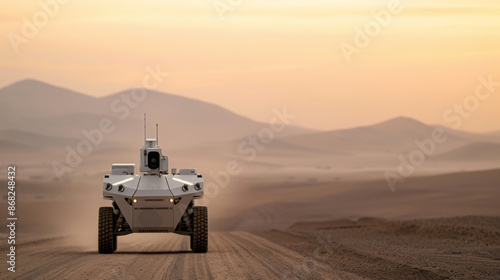 An unmanned combat vehicle patrols a deserted battlefield with AI-driven surveillance, showcasing futuristic military technology and autonomous warfare capabilities.