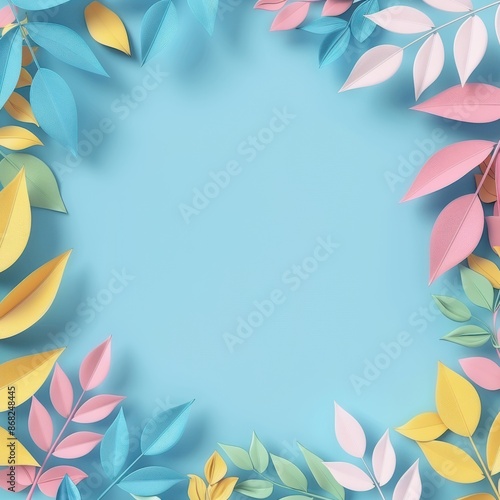 Colorful paper leaves frame on blue background, Spring or summer backdrop, Creative design with copy space for text or product display © chesleatsz